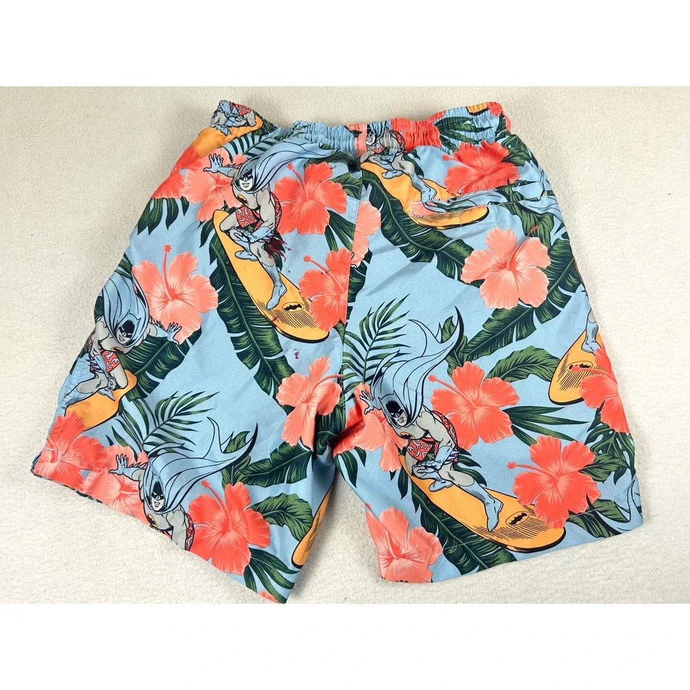 DC Comics Swim Trunks Kids XL 12/14 Blue Batman Surf Floral Tropical Superhero